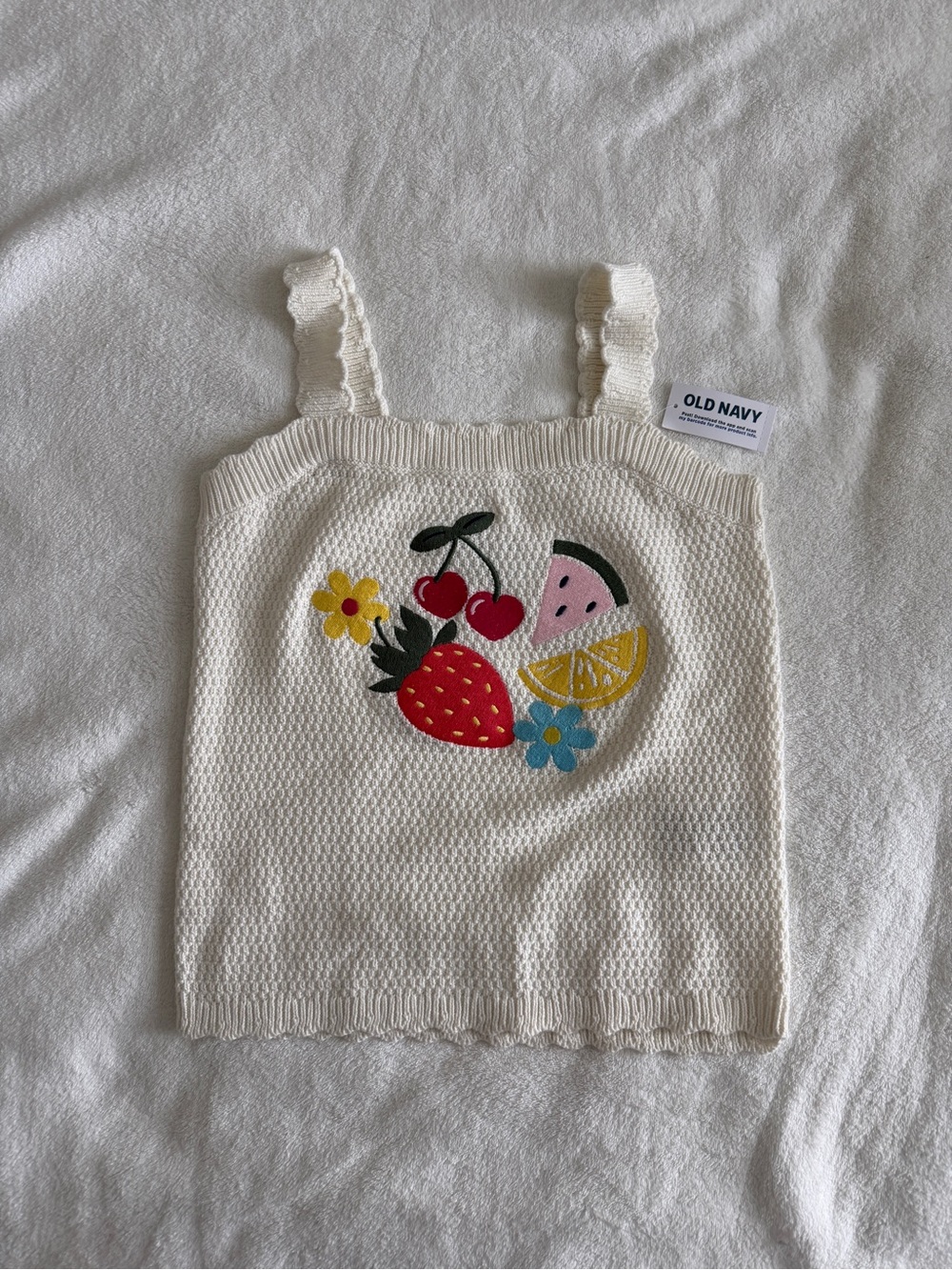 Old Navy kids Cream Knit Tank with Colorful Fruit Appliqués